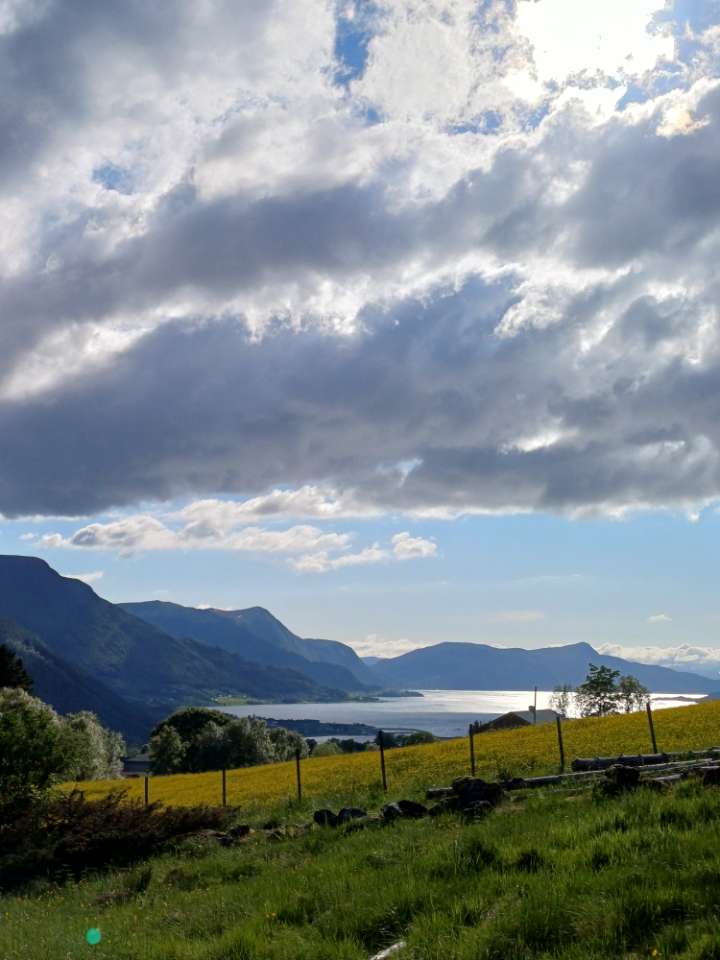 Sollys over fjordlandskapet ved Øggarden